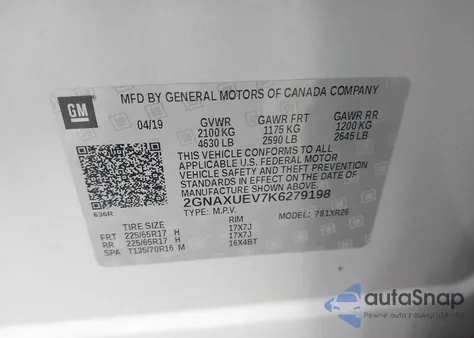 2019 Chevrolet Equinox Lt из США, поврежденный, VIN 2GNAXUEV7K6279198